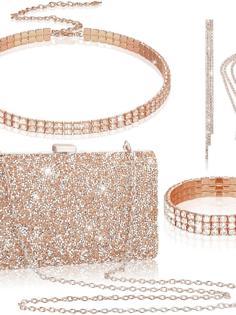 4 Pieces Women Rhinestone Evening Clutch Bag Bling Earring Necklace Bracelet For